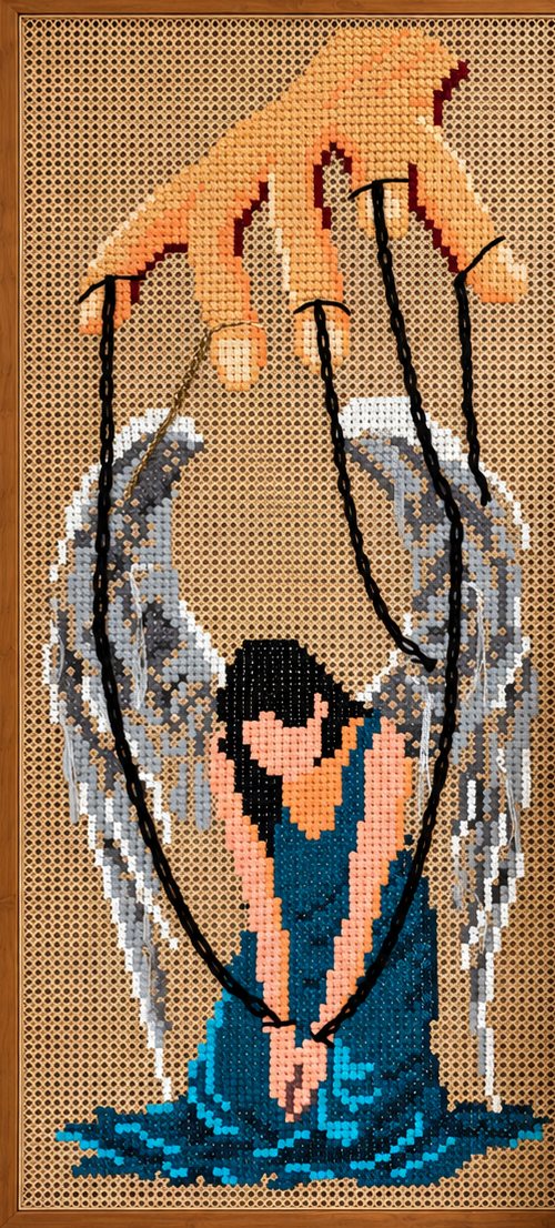 Beholden: a large hand at the top of the panel holds black thread strings that run down to a kneeling woman in a teal dress, with grey wings open behind her, on natural cane.