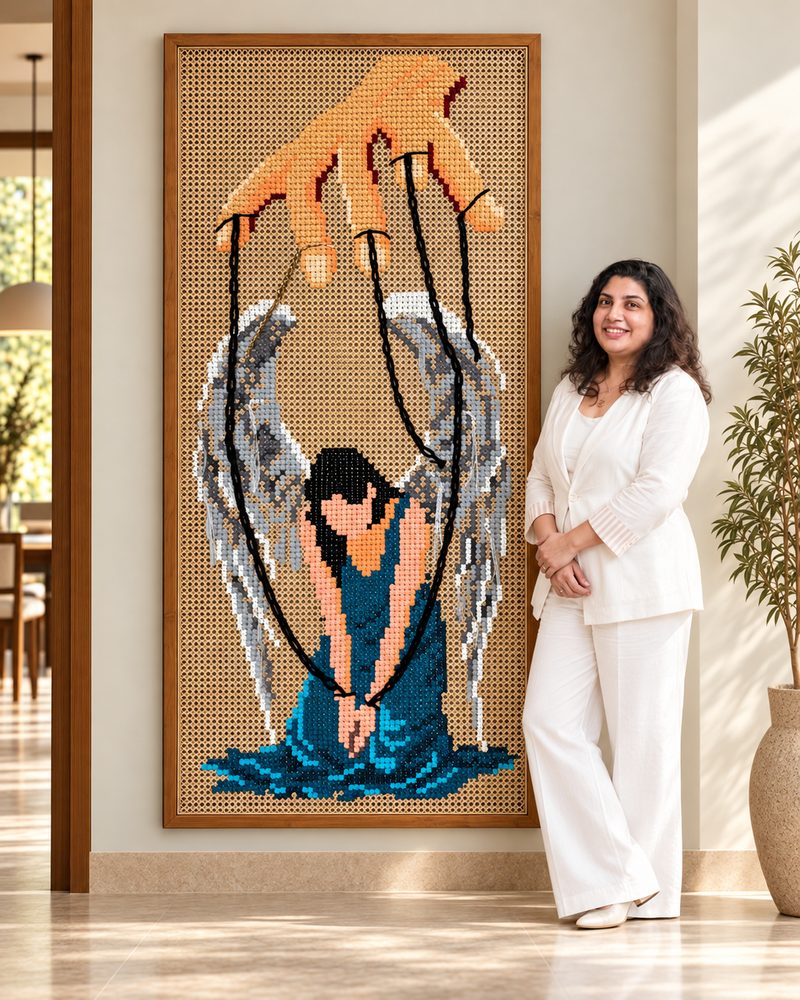 Saumya Kashyap standing beside Beholden, a tall panel of thread on cane, in a bright hallway.
