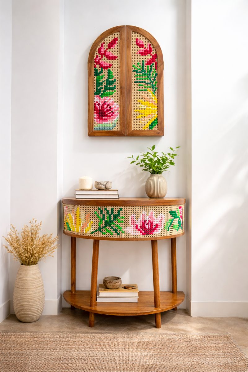 A half-round console table with a floral band in thread on cane, and a wall mirror with arched wooden doors above it, in a white hallway.