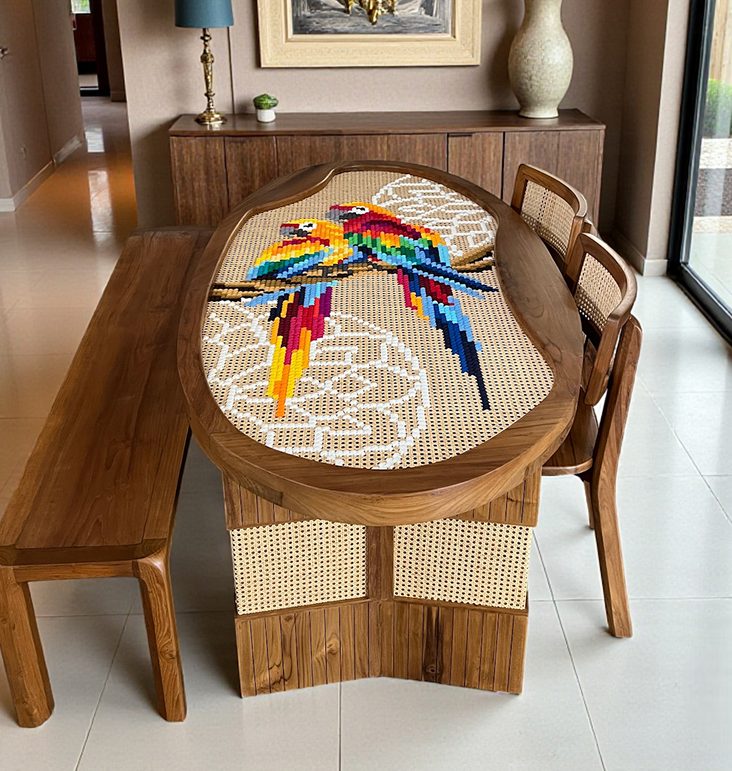 An oval dining table with a thread on cane top showing two bright parrots, with a bench and cane backed chairs.
