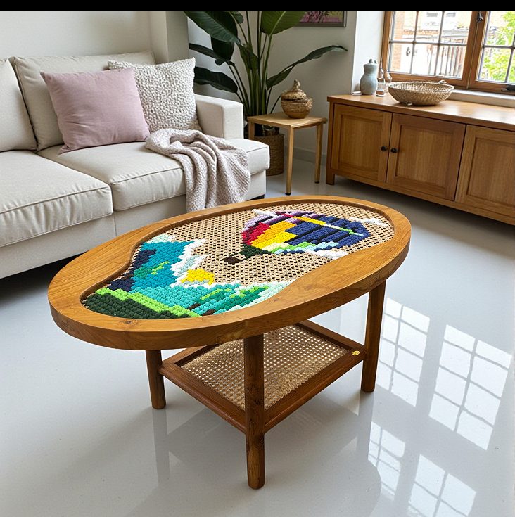 An oval coffee table with a thread on cane top showing a hot air balloon over green hills, with a cane shelf below.