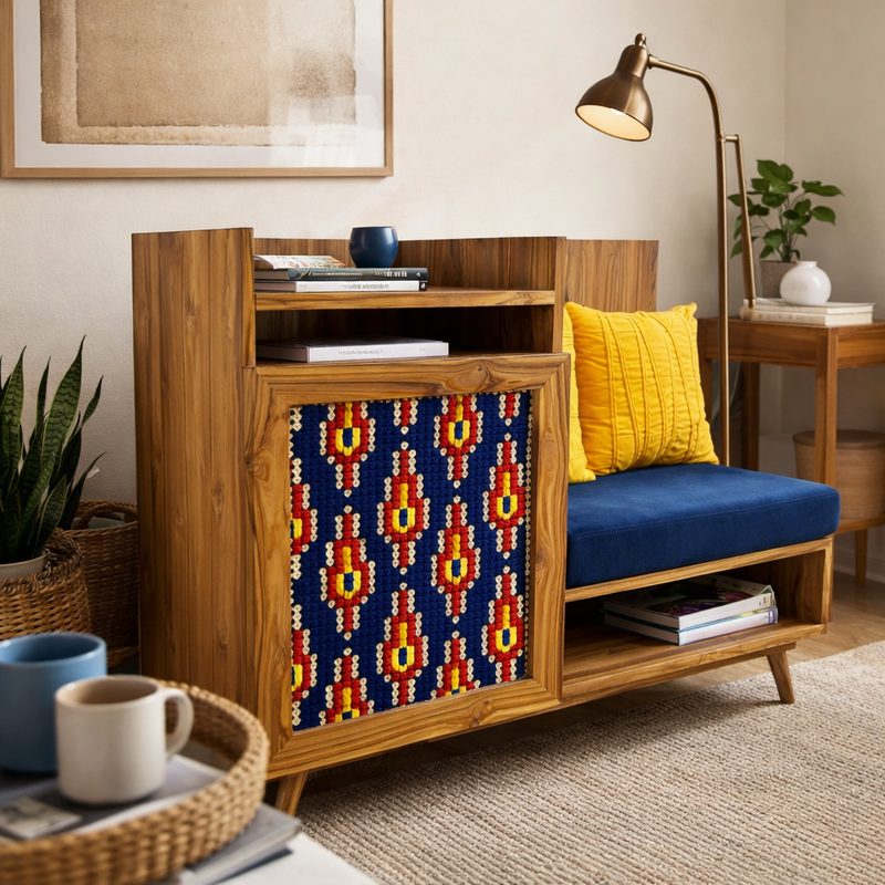 A wooden shoe rack and bench with a thread on cane door in blue, red and yellow flame shapes, and a blue cushioned seat.